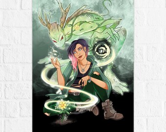 Calling on Gaia - Monsters & Dames - Limited Numbered Metallic Linen Art Print - Plant Witch Earth Element Magic - Art by Denis Caron