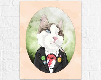 Chaz the Punk Cat - 8x10 Art Print - Smoking Rebel Protest Illustration with Cat Nip Legalize It Pins - Art by Denis Caron