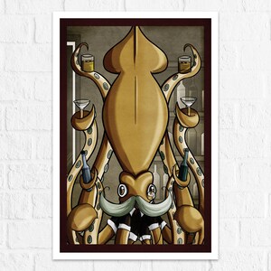May include: A cartoon illustration of a squid with a human-like face and a mustache. The squid is wearing a tuxedo and holding a glass of wine in each tentacle. The background is a dark brown color.