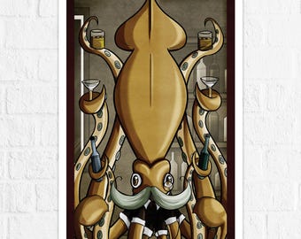 Dapper Gentleman Bartender Squid - Illustrated Print - Drinking College Bar Gift - Art by Denis Caron