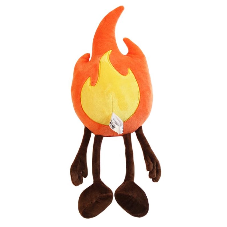 Back view of product showing plushie tag and embroiders pattern that mirror the front design. It is orange and yellow with brown arms and legs.