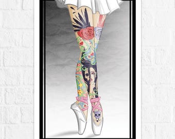 Tattooed Ballerina Legs - Illustrated Print - Inked Female Ballet Dancer with Rose Thorns Wings Stars and Skull Tattoos - Art by Denis Caron