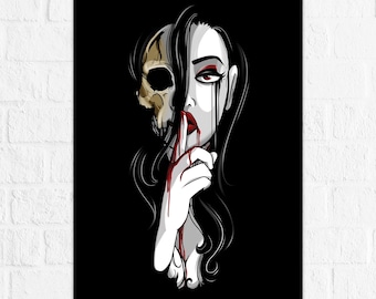 Death is Silent - Illustrated Print - Skull Face Goth Girl with Alabaster Skin, Blood & Mascara - Art by Denis Caron