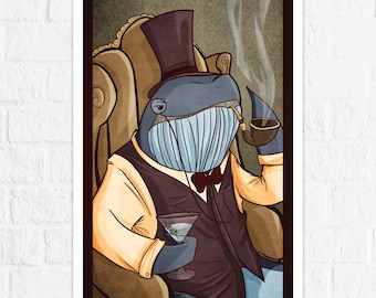 Dapper Gentleman Whale - Illustrated Print - Pipe Smoking Tophat Fancy AF Snob - Art by Denis Caron