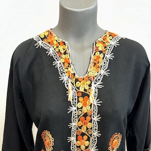 Vintage 1970s Black Blouse – Gold Embroidered Trim, Boho Ethnic Chic, Retro Floral Top, Lace Accents, Medium, Bohemian Style
