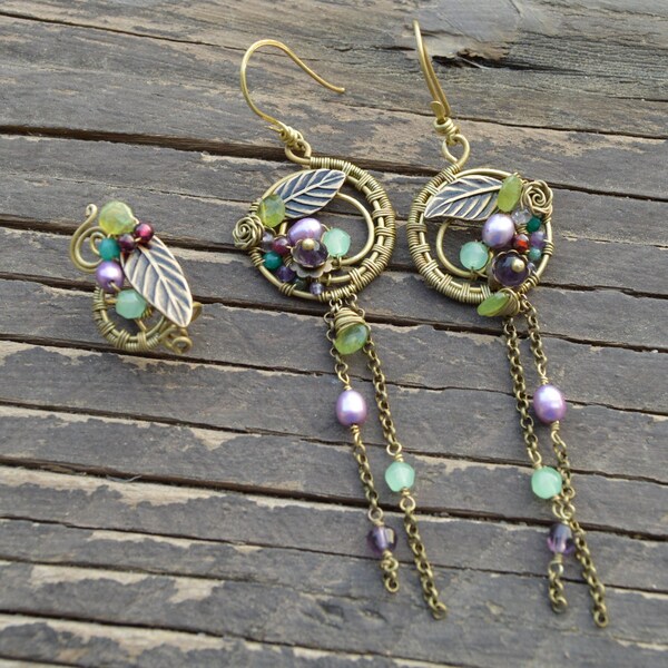 Multi-gemstones antique brass earrigns and ear cuff, Purple earring, earrings brass set, Multi-gemstones wire wrapped, earring set, ear cuff