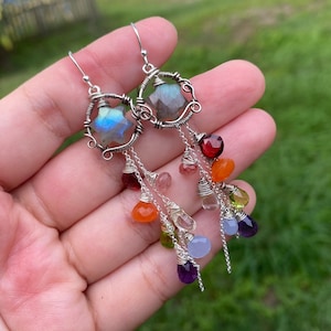 Antique Sterling Silver Labradorite Earrings: Rainbow Gemstone Dangle Earrings