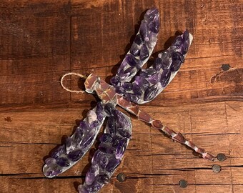 Pink Fireglass and Purple Amethyst Dragonfly Art, Dragonfly Wall Decor, Dragonfly Garden Art, Dragonfly Wall Decor