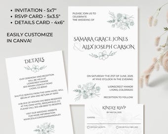 Floral Wedding Invitation Template Set: Customizable Canva Suite (Digital Download)
