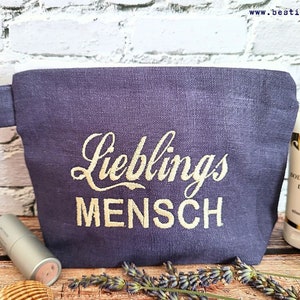 bestickte Tasche LIEBLINGSMENSCH  //Leinen marine//  Kosmetiktasche Kulturtasche Schminktasche Makeup-Bag Statement Kompliment Geschenk (44)
