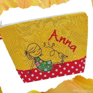 bestickte Tasche MÄDCHEN mit VOGEL + Name  //rot - gelb//  Wickeltasche Kulturbeutel Windeltasche Kulturtasche Waschtasche 20 Schriften