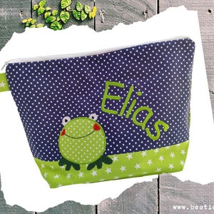 bestickte Tasche FROSCH + Name //marine - kiwi//   Wickeltasche Kulturbeutel Windeltasche Kulturtasche Waschtasche 20 Schriftarten Geschenk
