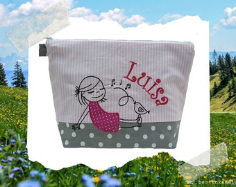 embroidered bag GIRL with BIRD + name gray - pink diaper bag toiletry bag diaper bag wash bag 20 fonts cosmetic bag