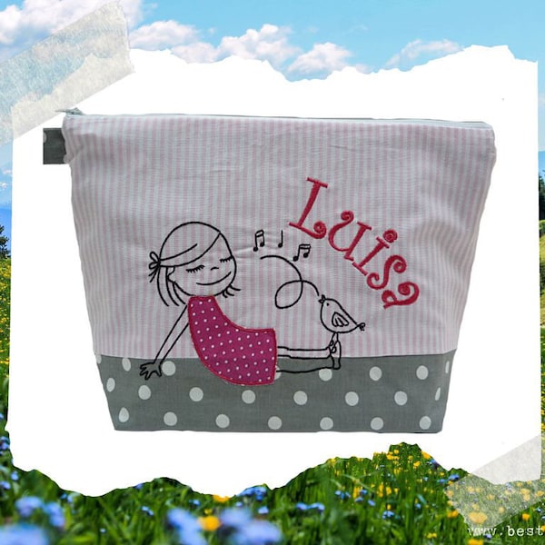 embroidered bag GIRL with BIRD + name gray - pink diaper bag toiletry bag diaper bag wash bag 20 fonts cosmetic bag