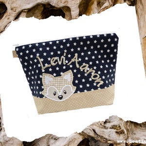 bestickte Tasche FUCHS + Name marine - natur Wickeltasche Kulturbeutel Windeltasche Kulturtasche Waschtasche 20 Schriftarten Kosmetiktasche
