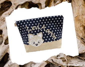 geborduurde tas FUCHS + naam marine - natuurlijke luiertas toilettas luiertas toilettas waszak 20 lettertypen make-up tas