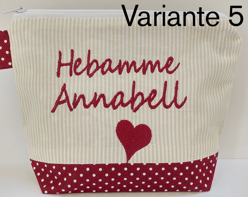 bestickte Tasche HEBAMME mit HERZ NAME //bordeaux natur// Kosmetikasche Schminktasche Kulturtasche Reisetasche Makeup-Bag 20 Schriften Bild 8