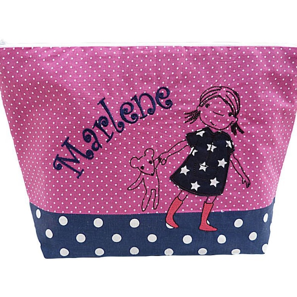 embroidered bag GIRL with TEDDY + name //marine - pink// diaper bag toiletry bag diaper bag toiletry bag wash bag 20 fonts