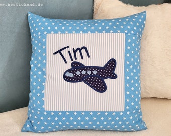 embroidered pillow AIRPLANE + NAME //light blue// 40x40 pillowcase gift cuddly pillow cuddle pillow name pillow