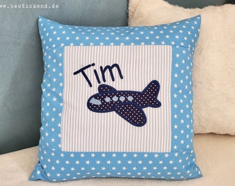 besticktes Kissen FLUGZEUG + NAME   //hellblau//   40x40 Kissenbezug Geschenk Schmusekissen Kuschelkissen Namenskissen