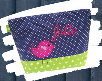 geborduurde tas BIRD + naam marine - kiwi luiertas toilettas luiertas toilettas waszak 20 lettertypen make-up tas