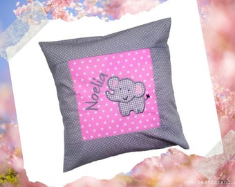 geborduurd kussen OLIFANT + NAAM //roze - grijs// 40x40 kussensloop cadeau knuffelkussen knuffelkussen naamkussen