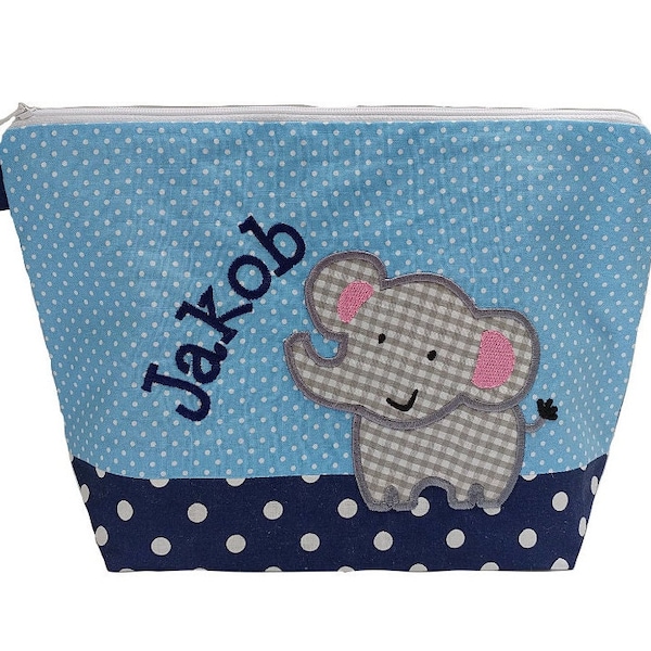 embroidered bag ELEPHANT + name //light blue - marine// diaper bag wash bag diaper bag wash bag wash bag 20 fonts