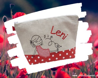 embroidered bag GIRL with BIRD + name red - natural diaper bag toilet bag diaper bag toilet bag wash bag 20 fonts gift