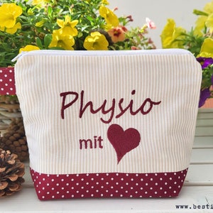 bestickte Tasche PHYSIO mit HERZ bordeaux - natur Kosmetiktasche Kulturtasche Schminktasche Makeup-Bag Statement Kompliment Geschenk (43)