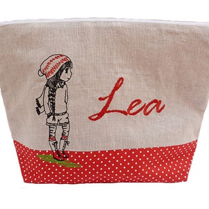 bestickte Tasche TEENIE-GIRL + NAME   //rot - natur//  Wickeltasche Kulturbeutel Windeltasche Kulturtasche  20 Schriften Kosmetiktasche