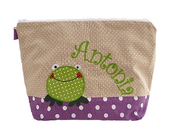 bestickte Tasche FROSCH + Name natur - lila Wickeltasche Kulturbeutel Windeltasche Kulturtasche Waschtasche 20 Schriften Kosmetiktasche