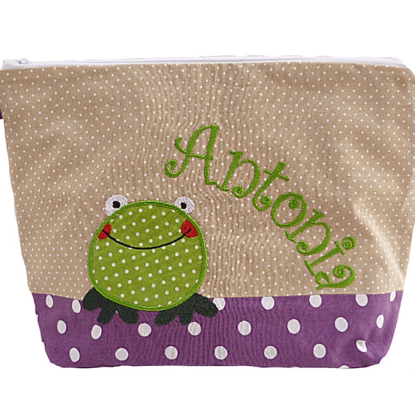 embroidered bag FROG + name natural - purple diaper bag toiletry bag diaper bag toiletry bag toilet bag wash bag 20 fonts cosmetic bag