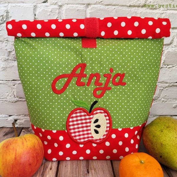 borsa per il pranzo ricamata MELA + NOME rosso - scatola per il pranzo verde, borsa da picnic borsa per la colazione borsa per il pane borsa personalizzata 20 caratteri regalo