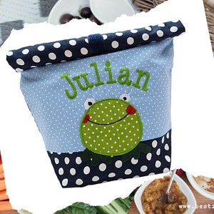 bestickte Lunchbag FROSCH +NAME hellblau - marine Lunchbox, Picknicktasche Frühstücksbeutel Brotbeutel Tasche personalisiert 20 Schriften