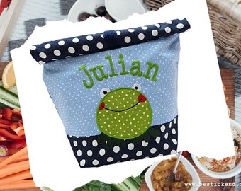 embroidered lunch bag FROG +NAME light blue - marine lunch box, picnic bag breakfast bag bread bag bag personalized 20 fonts