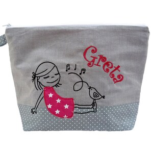 sac brodé GIRL avec BIRD nom gris rose sac à couches trousse de toilette sac à couche trousse de toilette 20 polices sac cosmétique image 1