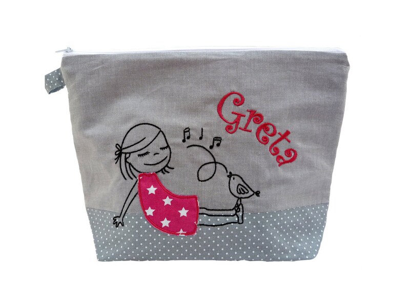 sac brodé GIRL avec BIRD nom gris rose sac à couches trousse de toilette sac à couche trousse de toilette 20 polices sac cosmétique image 1