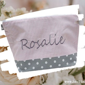 bestickte Tasche NAME  //rosa - grau//  Wickeltasche Kulturbeutel Windeltasche Kulturtasche Waschtasche 20 Schriften Kosmetiktasche