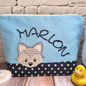 bestickte Tasche FUCHS + Name  //hellblau - marine//  Wickeltasche Kulturbeutel Windeltasche Kulturtasche Waschtasche 20 Schriften