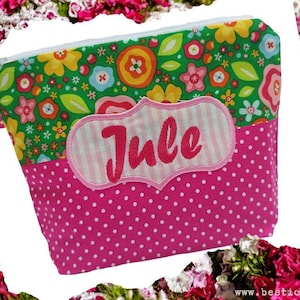 bestickte Tasche BUTTON + NAME //pink - bunt// Kosmetikasche Schminktasche Kulturtasche Reisetasche Makeup-Bag 20 Schriften Geschenk