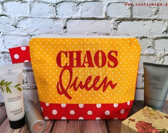 embroidered bag CHAOS-QUEEN //yellow - red// cosmetic bag, toiletry bag, make-up bag, statement, compliment, gift (30)