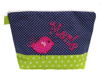embroidered bag VOGEL + name marine - kiwi diaper bag toiletry bag diaper bag toiletry bag wash bag 20 fonts cosmetic bag