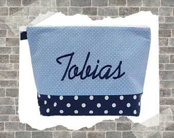 embroidered bag NAME //light blue - navy// diaper bag toiletry bag nappy bag toiletry bag wash bag 20 fonts cosmetic bag