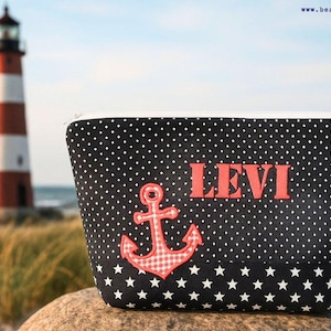 embroidered bag ANCHOR + NAME //black - red// diaper bag toiletry bag nappy bag toiletry bag wash bag 20 fonts cosmetic bag