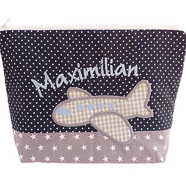 Embroidered Bag AIRPLANE + Name //navy - grey// Diaper bag Toiletry bag Diaper bag Toiletry bag Wash bag 20 fonts