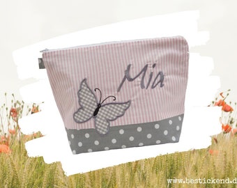 embroidered bag BUTTERFLY + name gray - pink diaper bag wash bag diaper bag wash bag wash bag 20 fonts cosmetic bag