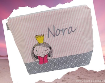 Embroidered bag "PRINCESS" + name pink - grey - diaper bag, nappy bag, toiletry bag, wash bag, personalized gift