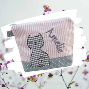 bestickte Tasche KATZE + NAME  //rosa - grau//  Kosmetikasche Schminktasche Kulturtasche Reisetasche Makeup-Bag 20 Schriften Geschenk