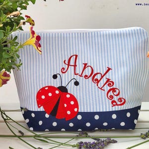 embroidered bag BEETLE + name light blue - navy changing bag toiletry bag diaper bag toiletry bag wash bag 20 fonts cosmetic bag