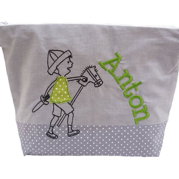 embroidered bag HOBBYHORSE + Name //grey - green// Diaper bag Toiletry bag Diaper bag Toiletry bag Wash bag 20 fonts
